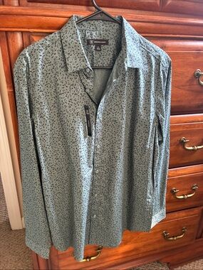 INC International Concepts Sage Green Micro Leaf Print Button-Up Shirt